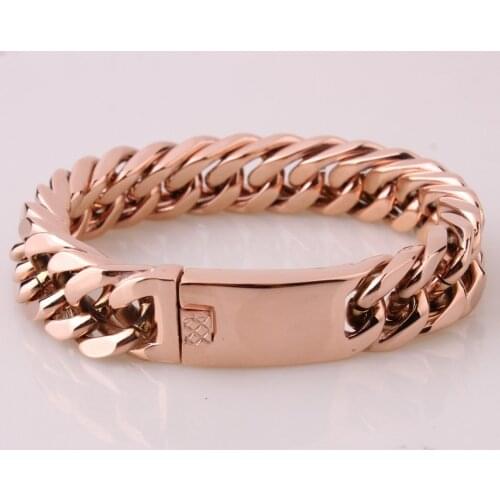 15mm Charming Jewelry 316L Stainless Steel Rose Gold Cuban Curb Chain Men Women Bracelet Bangle Christmas Gift Hand Made 7"-11"
