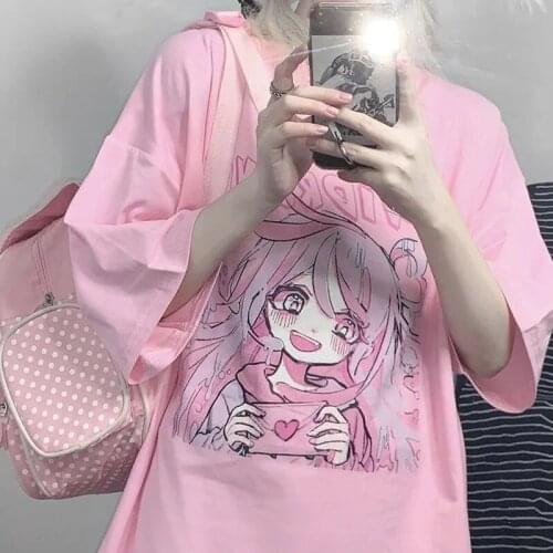 2021 Summer Women White Tshirts Anime Cartoon T Shirt Streetwear Harajuku Hip Hop Kawaii Casual Tee Loose Oversized T-shirts Top