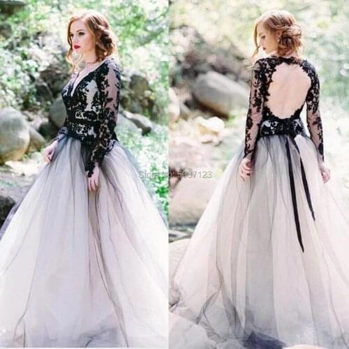 2020 Newest A Line Deep V Neck Tulle Long Sleeves Black Wedding Dresses with Belt Lace Applique Tulle Backless Bridal Gowns