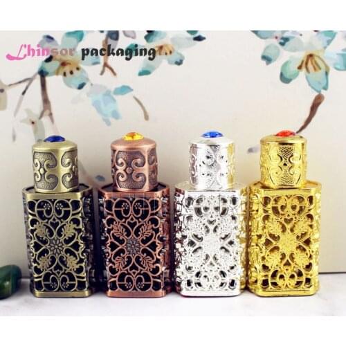 4pcs/lot 3ml Antiqued Metal Perfume Bottle Arab Style Essential Oils Bottle Container Alloy Royal Glass Bottles Wedding Gift