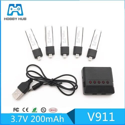 5Pcs 3.7V 200MaH New Version Lipo Battery + 1 Set Charger With USB Cable For WLtoys V911 V911-1 V911-2 2.4G 4Ch RC Helicopter