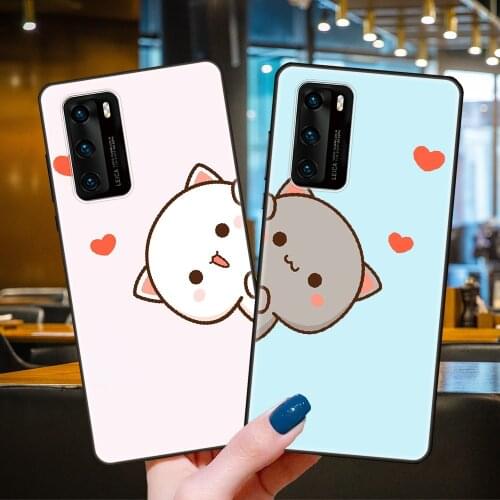 Phone Case For Huawei P40 P30 P10 P20 Lite P Smart Z 2019 Pro Black Cover Bumper Silicone Back Trend Couple Cat Cute Art