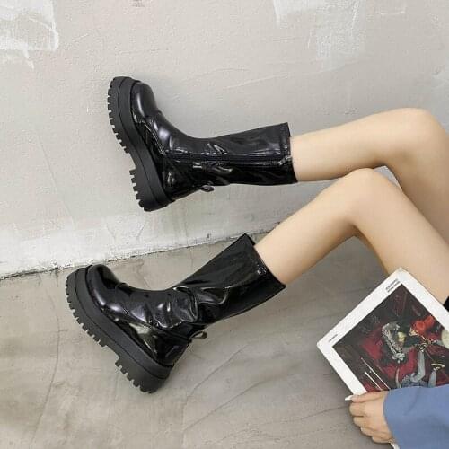 Black lacquer leather boots womens 2021 new middle boots high heels thick soles elastic thin boots Gothic Knight boots