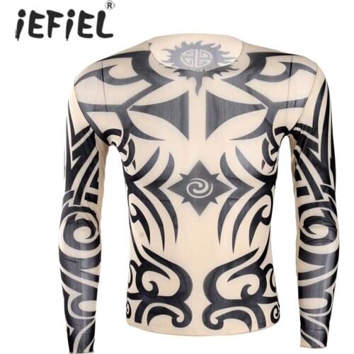 IEFiEL Fashion Costumes Mens t shirt Fake Tattoo Elastic See Through Full O-Neck T-Shirt for Mens Halloween Clothing