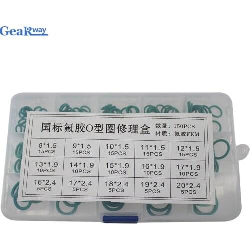 150pcs Green FKM O Ring Seal Kit 15 Different Sizes O-ring Sealing Gasket Set FKM O ring Assortment with Plastic Case