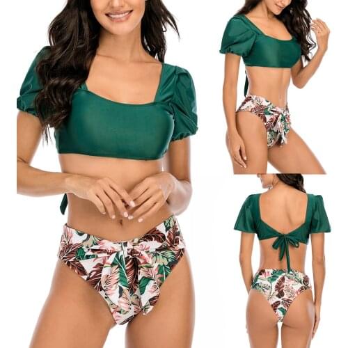 New Women Fashion 2-piece Swimming Suits Puff Sleeve Lace-up Tops+Bottoms Bikini Sets Stylish Bathing Suits