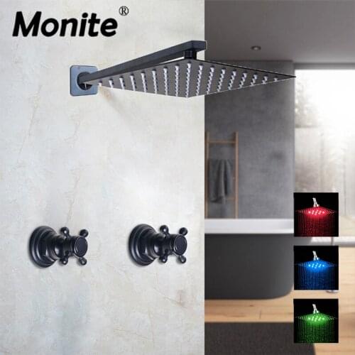 Monite Matte Black Bathroom Shower Faucet & Shower Arm LED Black Shower Set Bathroom Bathtub Rainfall Square Shower Head Faucet