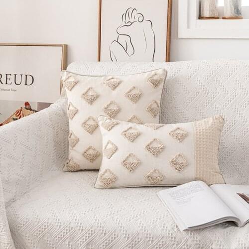 Tufted Cushion Cover 45x45cm/30x50cm Beige Pillow Cover Handmade Square Home Decoration for living Room Bed Room Zip Open