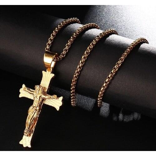 Wholesale-- Gold Color Jesus Cross Pendant Necklaces for Men Women Stainless steel No Fade 60cm Chain