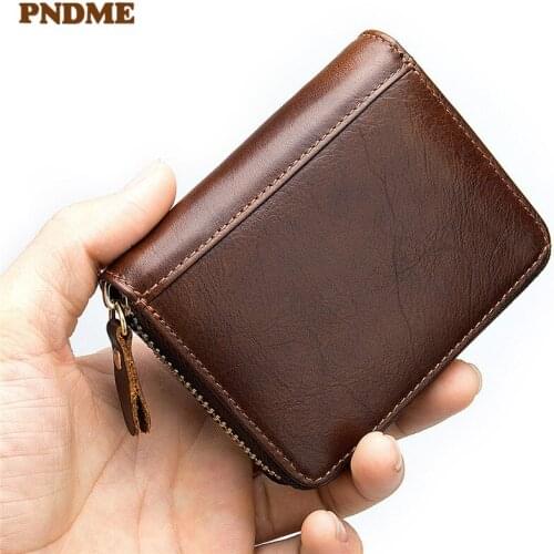 Simple vintage natural genuine leather men womens business card holder coin purse casual real cowhide small ID credit card bag