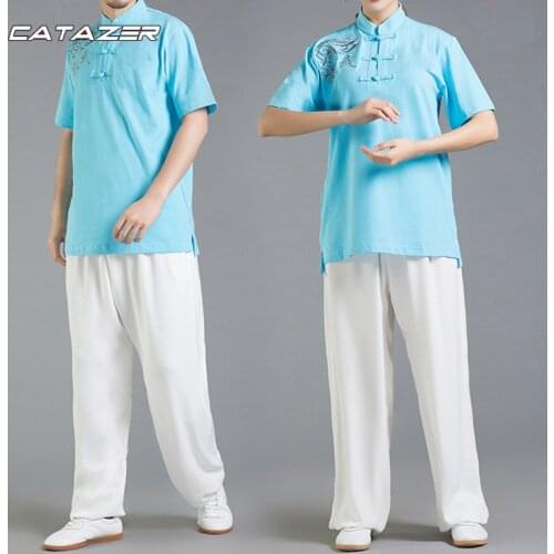 Martial Art Short Sleeve Top Adult Knit Kung Fu Uniform Chinese Style T-shirt Cotten Tai Chi T Shirt Embroidery