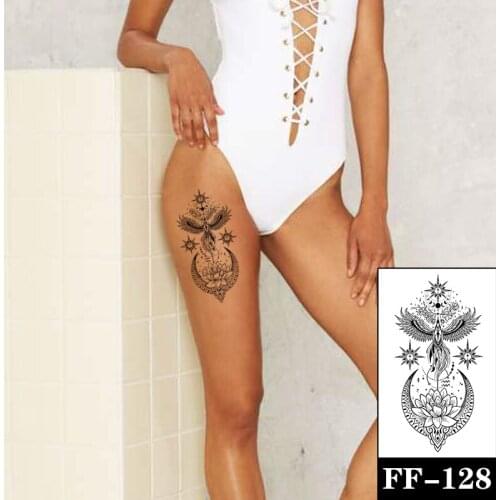 Moon Lotus Phoenix Flower Feather Wing Waterproof Temporary Tattoo Sticker Pentagram Totem Black Tattoos Body Art Arm Fake Tatoo