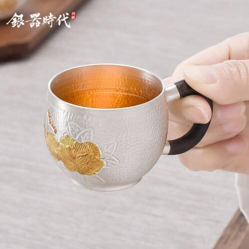 Age sterling silver 999 sample tea cup single cup household manual hammer half his cup gold chrysanthemum masters cup