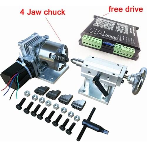 Rotary axis A axis 4th axis with 80mm 4-Jaw Chuck for wood/metal CNC Router milling machine CNC 3040 6040 6090 with drive
