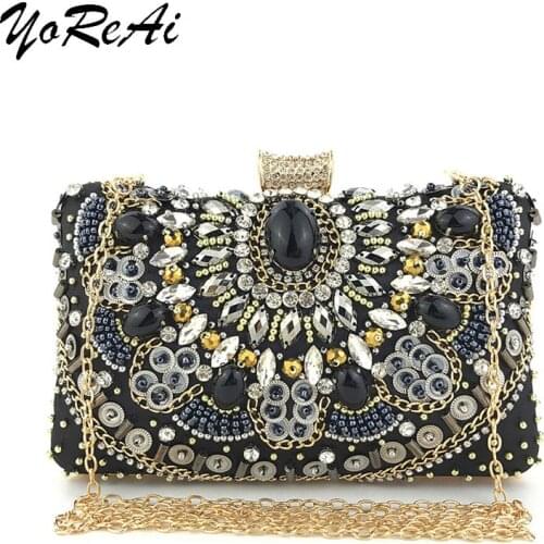 YoReAi Hot Sale Small Beaded Clutch Purse Elegant Black Evening Bags Wedding Party Clutch Handbag Metal Chain Shoulder Bag