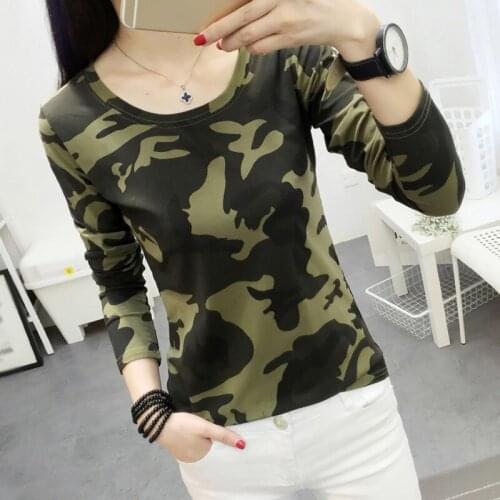 New Fashion O Neck Long Sleeve Slim Tshirt Women Camouflage Printing T Shirt Women Casual Tops Female Clothes