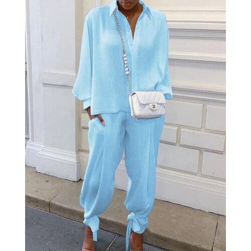 Women Casual Loose Outfit Solid Color Ribbed Lapel Long Sleeves Shirt + Long Pants 2 Piece Set for Autumn Black/Green/White/Blue