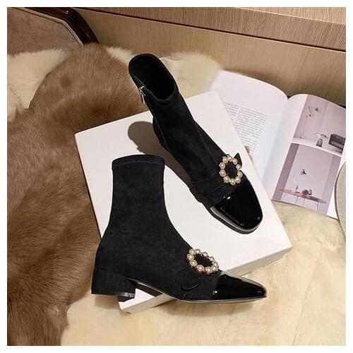 2021 new autumn and winter short boots female pearl British style plus velvet short boots tide