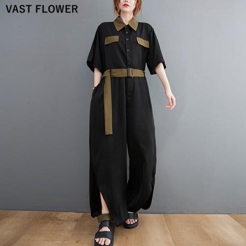Women Bandage Black Jumpsuits High Waist Short Sleeve Fashion New Temperament Split Loose Casual Wide Leg Pants Summer 2021