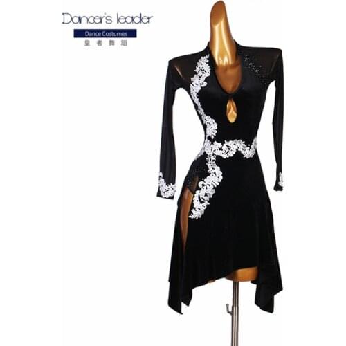 Latin Dance Diamond Long-sleeved Dress Ladies Rumbachia Salsa Dance Costume Ballroom Performance Dress Red Black