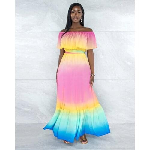 Women Off Shoulder Maxi Dress Adults Tie-up Gradient Short Sleeve Boat Neck Ruffle
