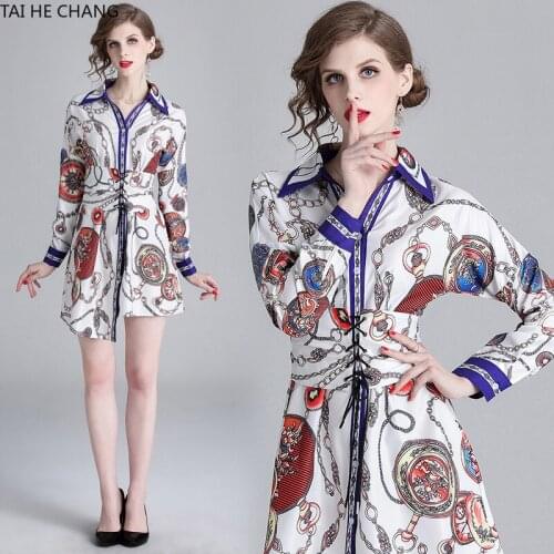Women Dress Long Sleeve New Fashion Retro Spring Summer Elegant Bodycon Vintage Party Runway Print Shirt Office Midi Dresses