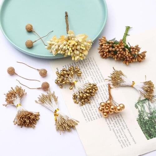 10-144pcs Gold Hybrid Flower Cherry Stamen Berries Bundle DIY Christmas Home Wedding Decoration Gift Box Wreaths