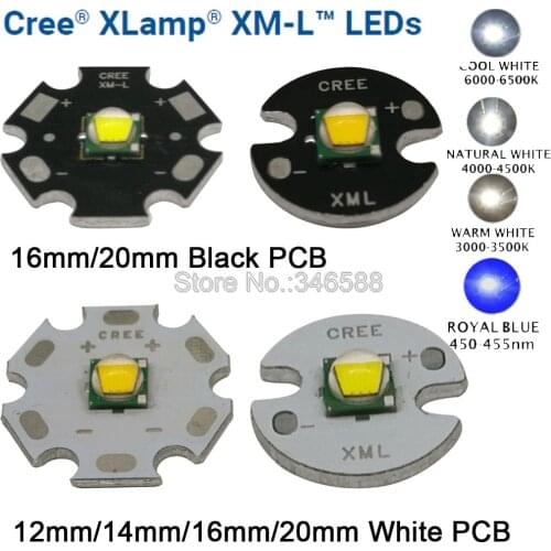 2x CREE XML XM-L T6 Cool White 6500K Neutral White 4500K Warm White 3000K High Power LED Emitter 16mm 20mm White or Black PCB
