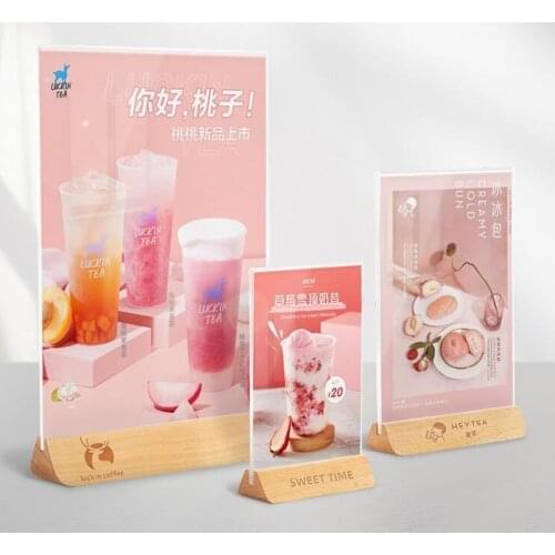 A4 Acrylic Picture Frame Desktop Menu Display Holder Wooden Base