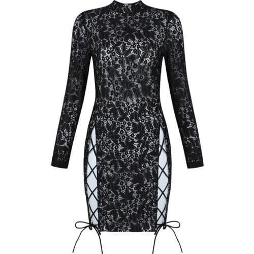 Free shipping autumn dress 2019 high-grade rayon fabric womens black long-sleeved lace strap dress long-sleeved dating bar wome