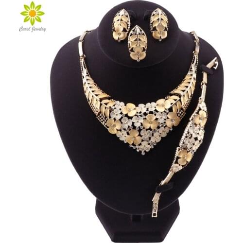 Dubai Fashion Women Gold Color Flower Necklace Wedding Party Jewelry Set Bracelet Earrings Ring Romantic Wedding Jewelry