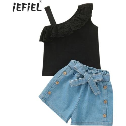 Summer Kid Baby Girl Fashion 2-Piece Outfit One Shoulder Solid Color Ruffle T Shirts Tops+Belted Button Denim Shorts Street Wear
