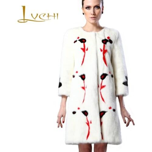 LVCHI 2016 High-end custom Winter women Coats OL fashion print floral noble mink fur real fur lady midi stylish overcaot