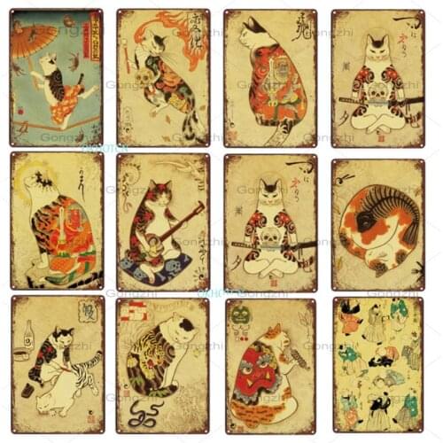 Japanese Style Cat Metal Tin Sign Cute Cartoon Animals Plate Vintage Iron Poster Plaques Wall Art Decoration For Cafe Restaurant