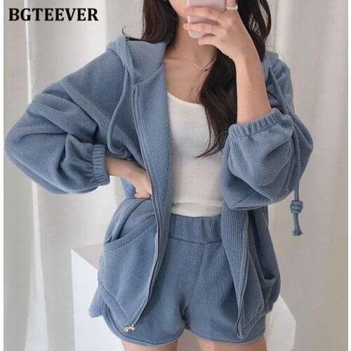 BGTEEVER Fashion Solid Ladies 2 Pieces Set Casual Hooded Full Sleeve Cardigans Sweatshirts & Shorts 2021 Autumn Women Tracksuits