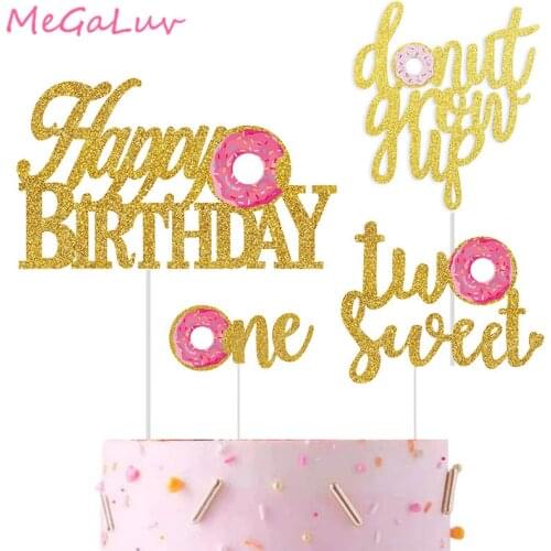 One TWO Year Old Happy Birthday Glitter Gold Donut Grow UP Cake Topper Sweet Doughnuts Cupcake Topper Baby Shower Party Supplies