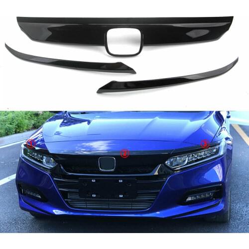 Fit For Honda Accord 2018+ ABS Glossy Black Lip Front Hood Grille Cover Moulding Trim 3pcs