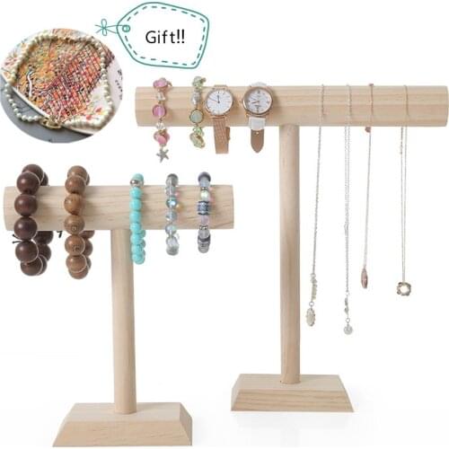 Wooden Bracelet Chain Watch T-Bar Rack Jewelry Hard Display Stand Holder Jewelry Organizer Hard Display Stand With Free Necklace