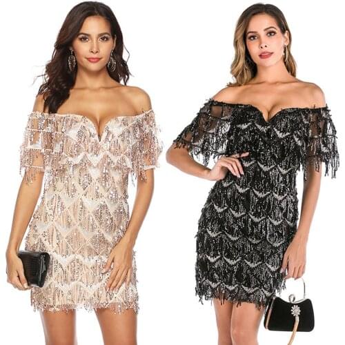 Sexy Mini Party Dress Off-the-shoulder Short Evening Dress Tassels Sequins Prom Dress Black Gold Gown