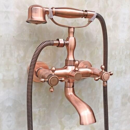 Modern Bathroom Antique Red Copper Wall Mounted Clawfoot Tub Filler Faucet Handshower Double Cross Handles atf803