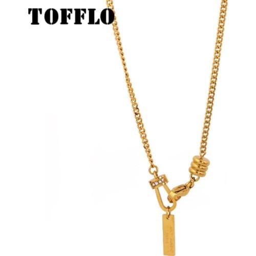 TOFFLO Stainless Steel Jewelry U-Shaped Zircon Long Brand Necklace Womens Fashion Clavicle Chain BSP579