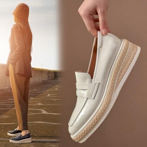 Genuine Leather Fashion Womens Shoes Spring/autumn Loafers Flat Shoes Round Toe Platform Shoes Handmade Shoes Large Size 34-42