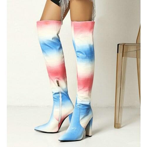 European American Style New Gradient Color Pointed Toe Thick Heel Women Over the Knee Boots Personality Thigh High Boots Winter