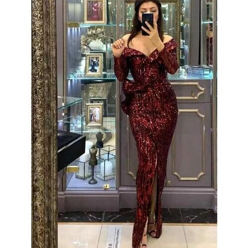 High quality red wedding party birthday dress for women ruched Split Sexy Sequins Long Sleeve new Spring Autumn Fashion Designer