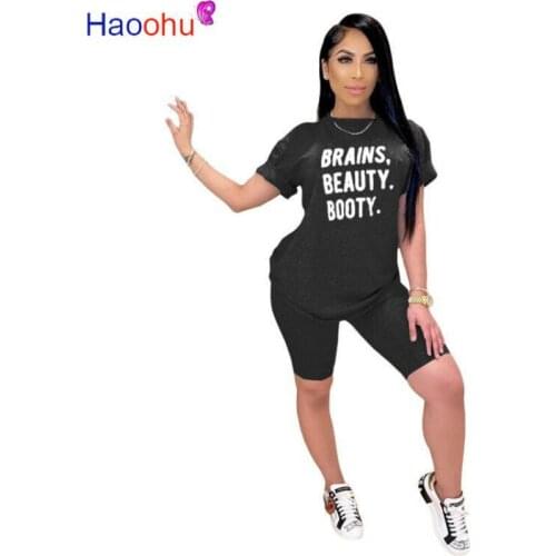 Letter Print Casual Two Piece Outfit Women Festival Clothing O Neck Short Sleeve T Shirt And Skinny Short Lounge Wear Sweat Suit