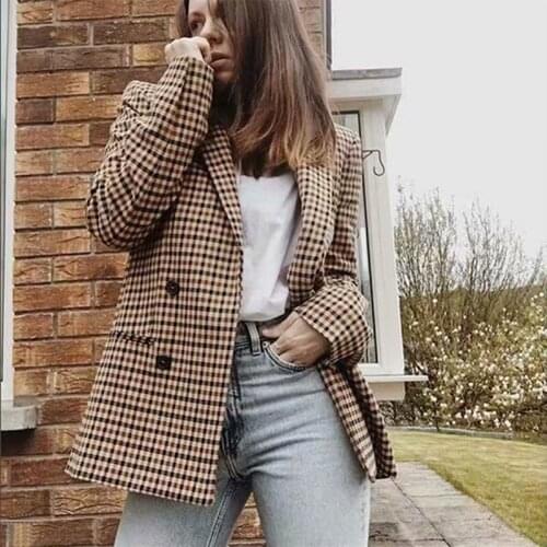 Women Plaid Blazer Double Breasted Jacket Coats Loose Casual Office Vintage Ladies Clothing England Outerwear