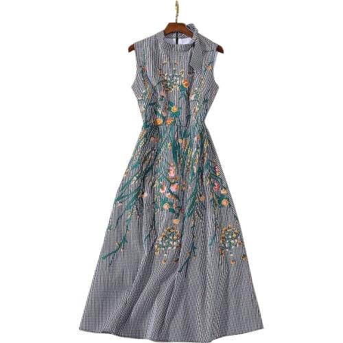 Cotton plaid high New end embroidered sleeveless slim fit super beautiful temperament swing A line dress for women