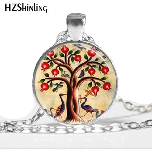 HZ--A280 Tree of Life Necklace Birds and Pomegranate Fruit Tree Nature Art Pendant Glass Dome Necklace HZ1