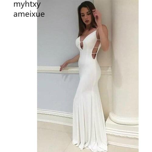 2021 New Sexy Cheap Evening Dresses Mermaid Deep V-back Prom Dress V-neck White Long Formal Evening Gowns Custom Made