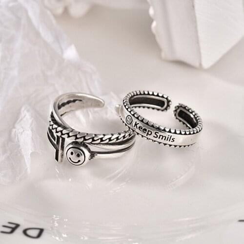 Vintage Smiling Face Finger Rings for Women Girl Punk Hip Hop Opening Adjustable Ring Weaving Ring Statement Jewelry Gifts